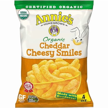 Annie's Organic Cheddar Cheesy AIF4&nbsp;Smiles, Baked Corn Puffs, 4 oz.
