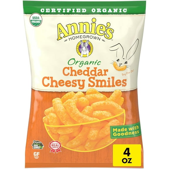 Annie's Organic Cheddar Cheesy Smiles, Baked Corn Puffs, Gluten Free, 4 oz ( pack of 2 )