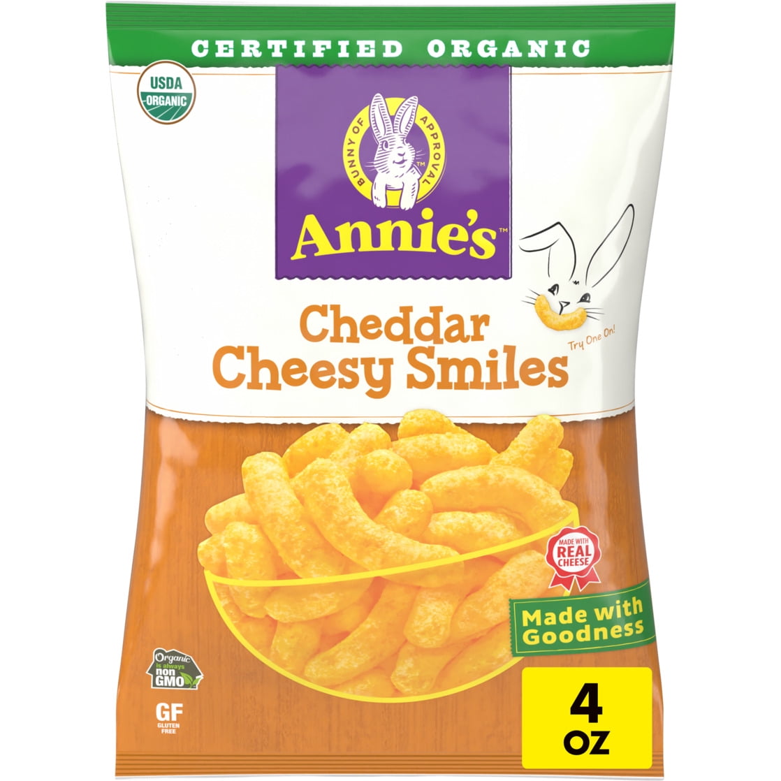 Annie's Organic Cheddar Cheesy Smiles, Baked Corn Puffs, Gluten Free, 4 oz