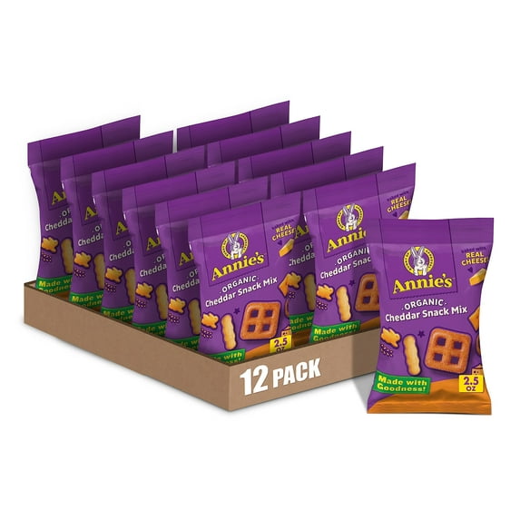Annie’s Organic Cheddar Snack Mix With Assorted MDH1Crackers and Pretzels, 2.5 oz. Bag (Pack of 12)
