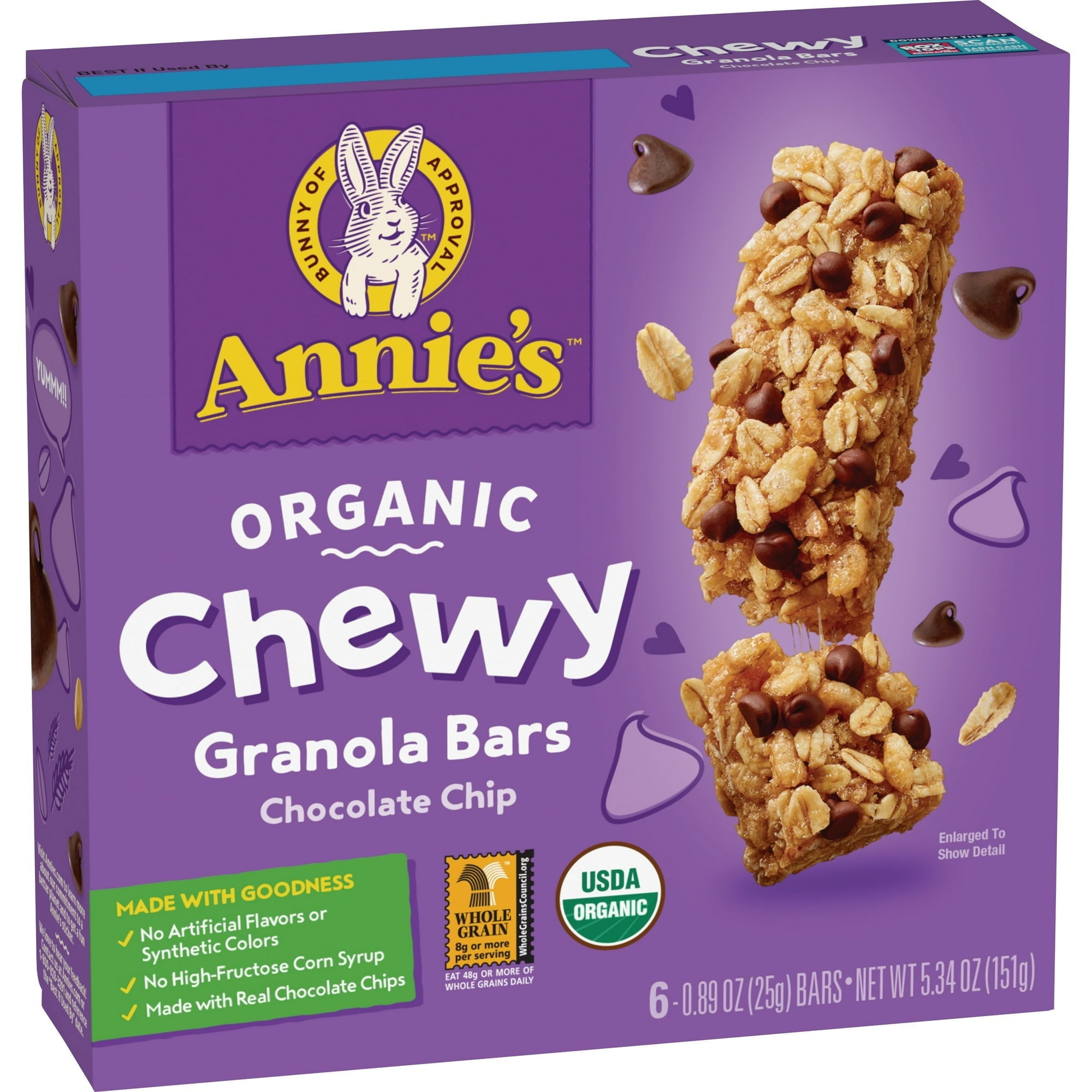 Annie's Organic Chewy Granola Bars, Chocolate Chip, 6 Bars, 5.34oz (4 Pack)