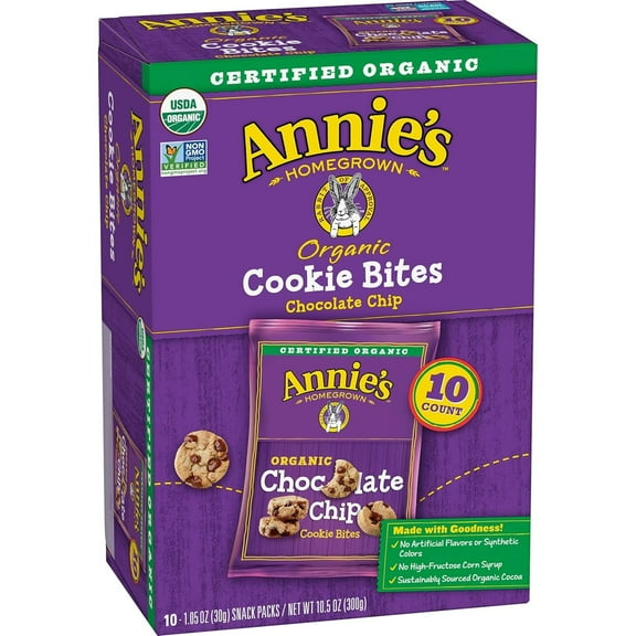 Annie's Organic Chocolate Chip IRF13 Cookie Bites, 10 Pouches, 10.5 oz