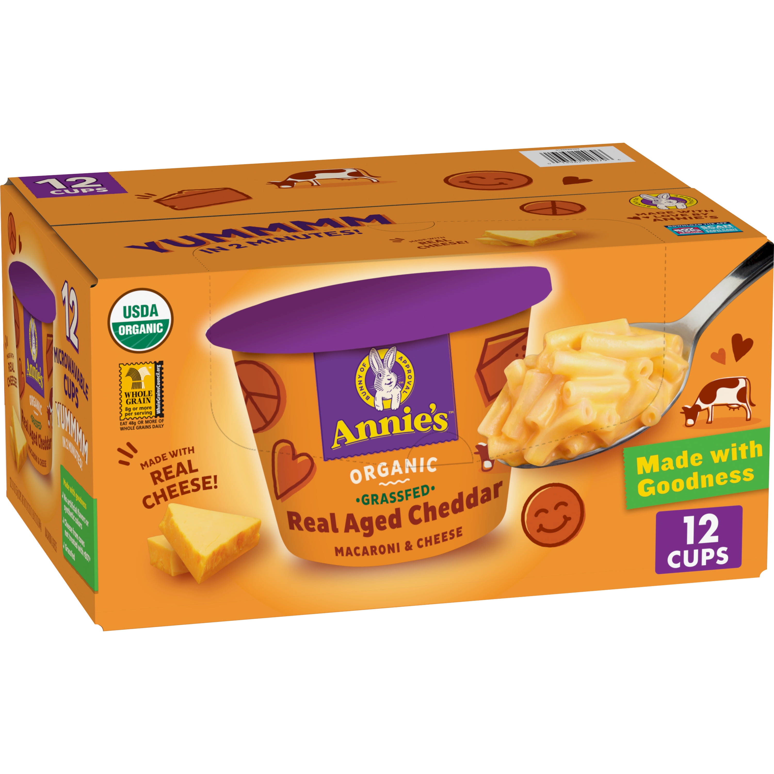 Annie's Organic Grass Fed Real Aged Cheddar Macaroni & Cheese Microwavable Cup 12 Pack
