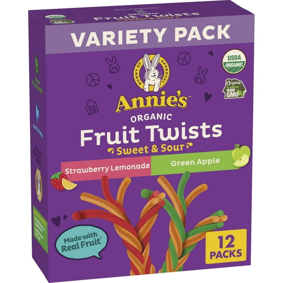 Annie's Organic Sweet and BCF26 Sour Fruit Twists, Strawberry Lemonade and Green Apple Fruit Flavored Snacks, Variety Pack, 12 Count, 7.68 oz