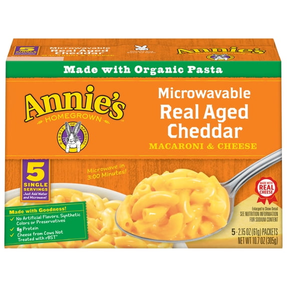 Annie’s Real Aged Cheddar Microwave Mac & Cheese with Organic Pasta, 5 Ct, 2.15 OZ Packets