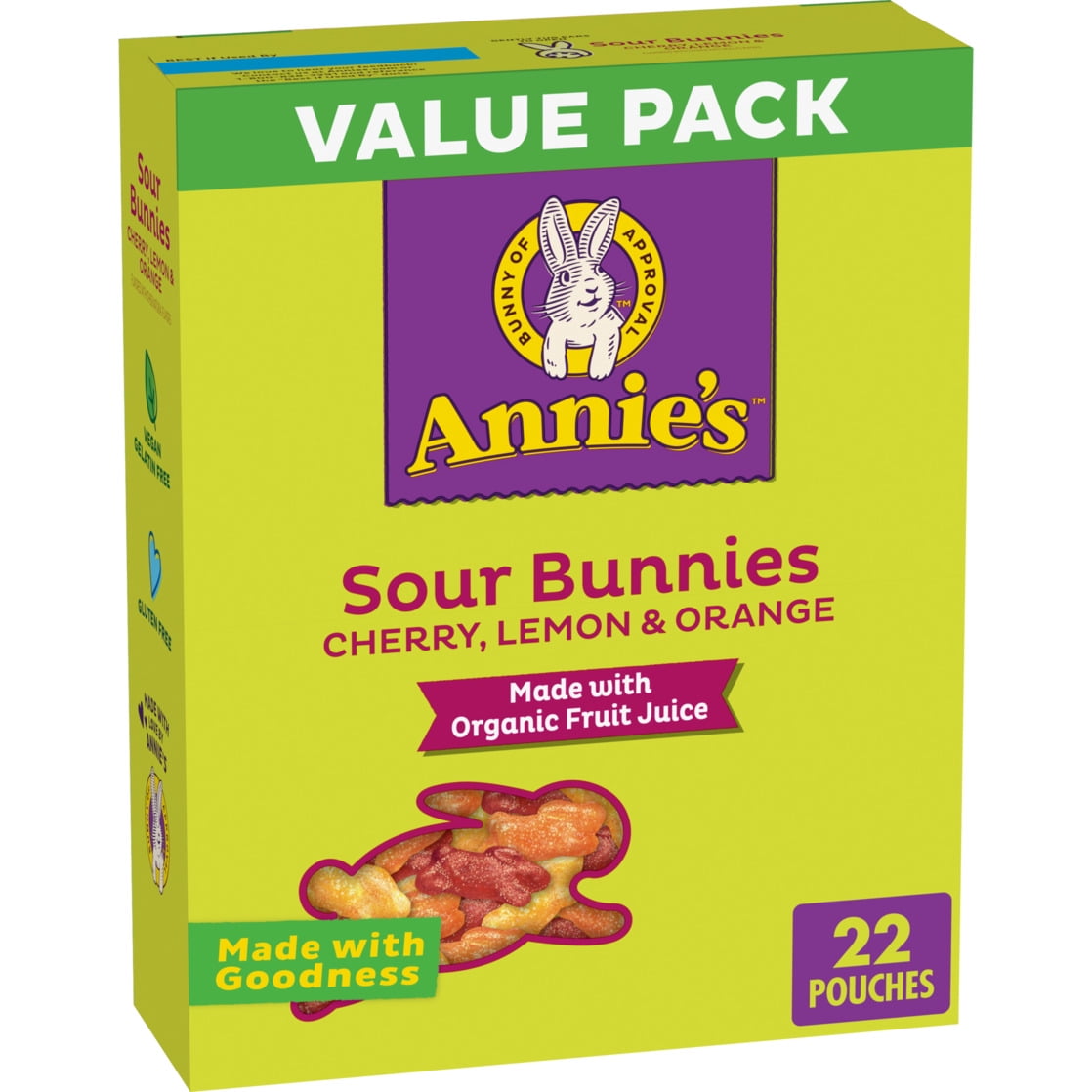Annie's Sour Bunnies Fruit Flavored Snacks, Cherry, Lemon & Orange
