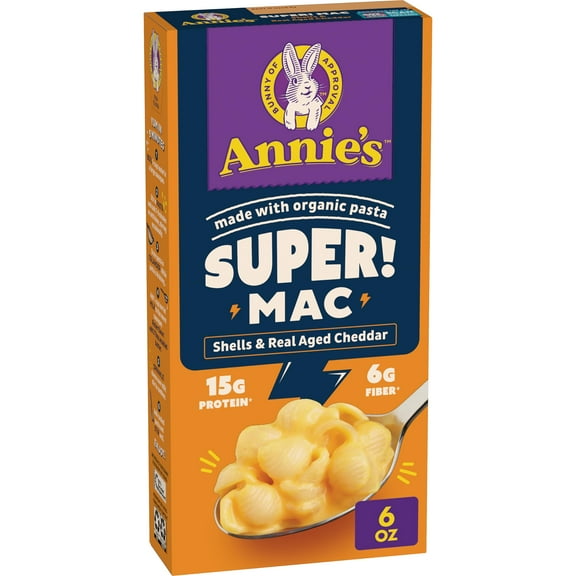 Annie's Super! Mac, Protein Macaroni And KKS1Cheese Dinner, Shells & Real Aged Cheddar, 6 oz.