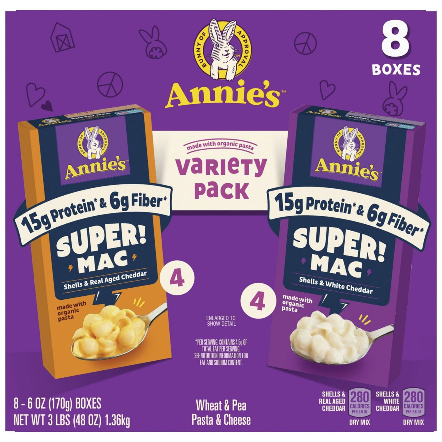 Annie's Super Mac! White Cheddar and Real Aged Cheddar Wheat & Pea Pasta & Cheese Variety Pack 8 Count