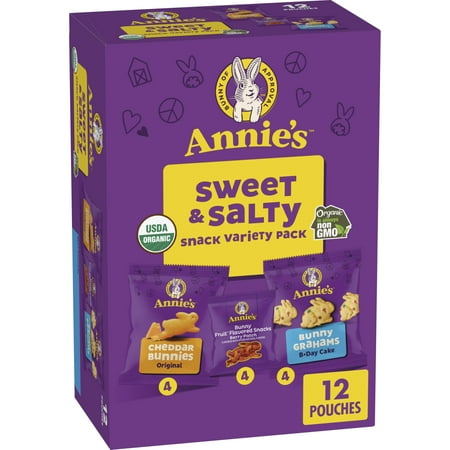 Annie's Sweet and Salty Snack Variety Pack, Cheddar Bunnies, Bunny Grahams and Bunny Fruit Flavored Snacks, Organic Kids Snacks, 12 Pouches, 10.8 oz