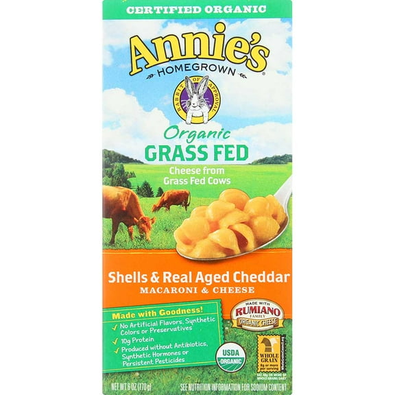 Annies Homegrown Organic Grass Fed Shells and Real Aged Cheddar Macaroni and Cheese, 6 Ounce -- 12 per case.
