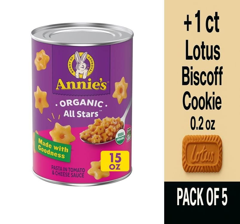 Annies Organic All Stars Canned Pasta and Sauce 15 oz - Pack of 5 & Lotus Biscoff Cookie - 0.2 Oz - 1 ct