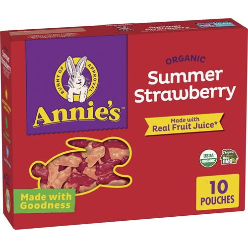 Annies Organic Bunny Fruit Flavored Snacks, Easter Basket Stuffers, Summer Strawberry, Gluten Free, 10 Pouches, 7 Oz - Pack of 2