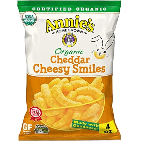 Annies Organic Cheddar Cheesy Smiles, Baked Corn Puffs, 4 Oz. (Pack Of 12)