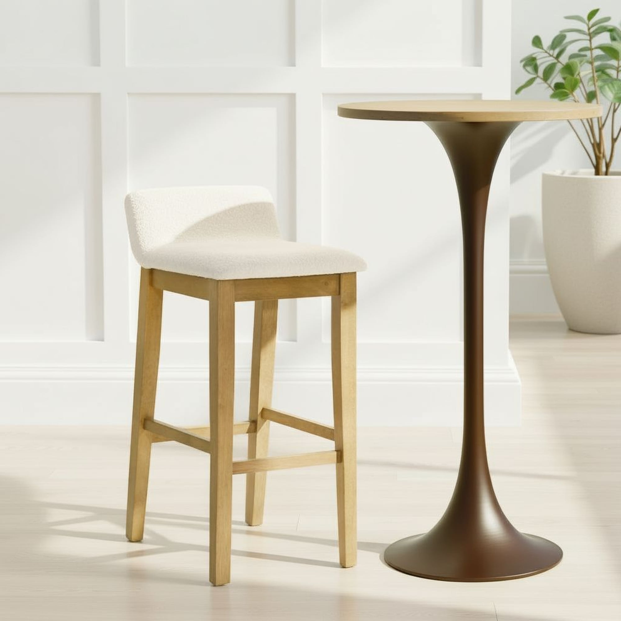Annikah Modern Transitional Wood Bar Height Kitchen Bar Stool in Amber Glow Finish with White Boucle Fabric Upholstered Seat - Set of 2