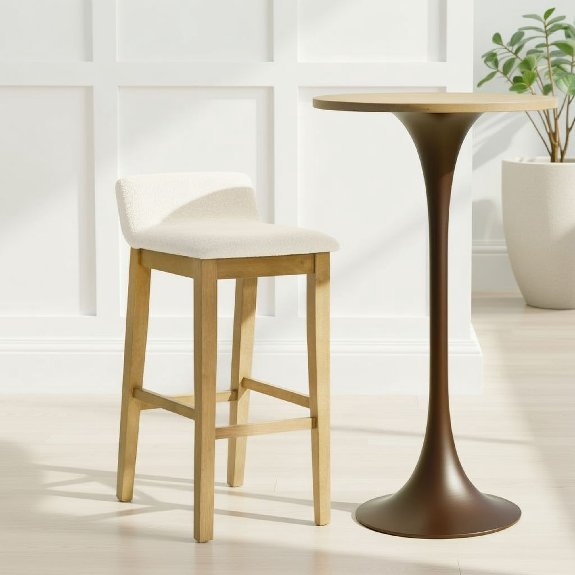 Annikah Modern Transitional Wood Bar Height Kitchen Bar Stool in Amber Glow Finish with White Boucle Fabric Upholstered Seat - Set of 4