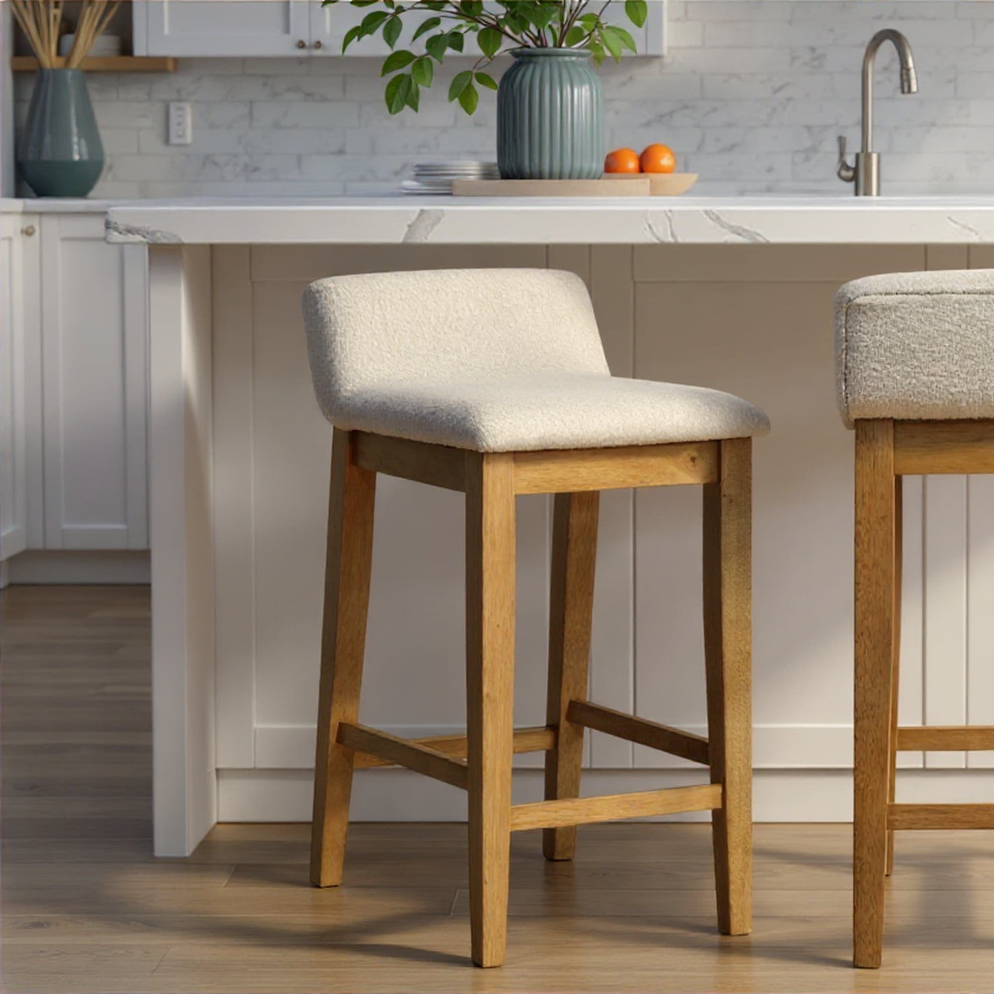 Annikah Modern Transitional Wood Counter Height Kitchen Bar Stool in Amber Glow Finish with White Boucle Fabric Upholstered Seat - Set of 3