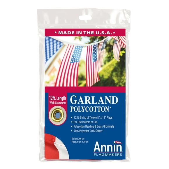 Annin 12’ American Flag Garland with 12 Patriotic 8" x 12" Flags