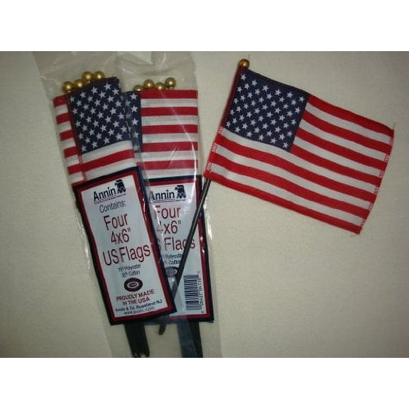 Annin Flagmakers 4" x 6" 70% Polyester 30% Cotton Annin U.S. Flag, 4 Count