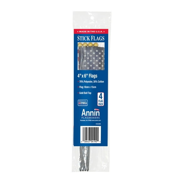 Annin Flagmakers 4" x 6" US Stick Flags 4 Pack