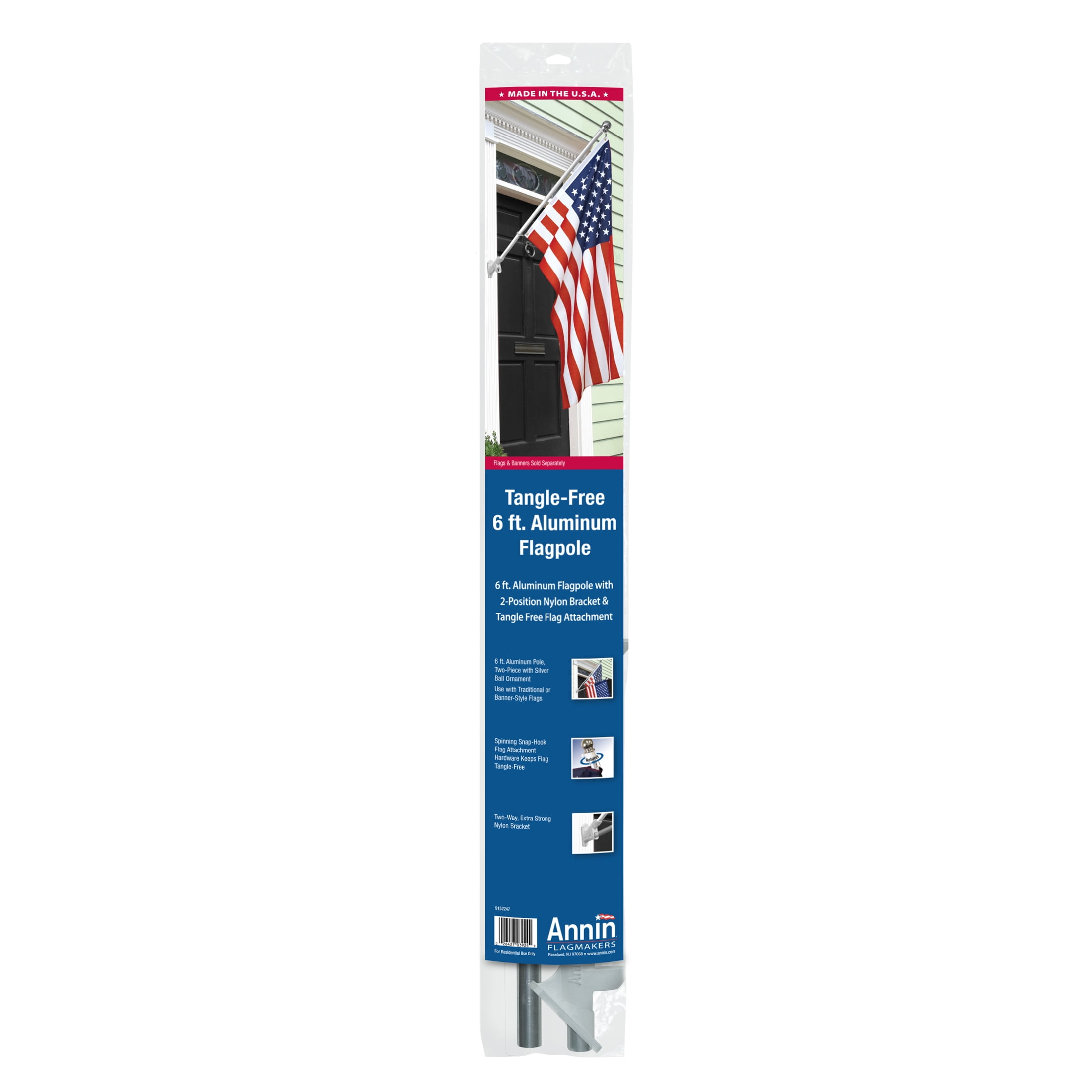 Annin Tangle Free 6' Silver Aluminum Flagpole with Nylon Bracket