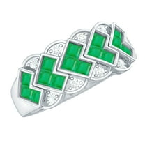 Anniversary Band Ring with Emerald and Diamond for Women - AAA Grade, 925 Sterling Silver, US 4.00