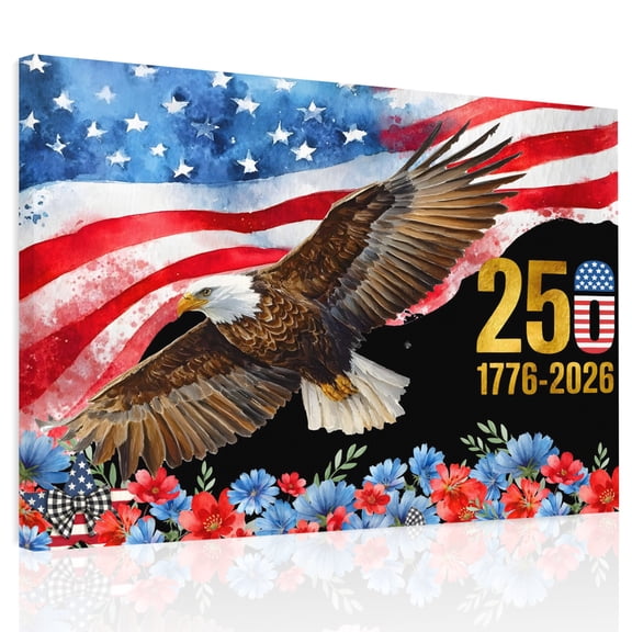 Anniversary Canvas Print Wall Art, Bald Eagle US Flag Floral Black Wall Decor Modern Artwork Paintings Pictures for Living Room Framed and Stretched Ready to Hang 12" x 16"