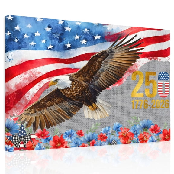 Anniversary Canvas Print Wall Art, Bald Eagle US Flag Floral Gray Texture Wall Decor Modern Artwork Paintings Pictures for Living Room Framed and Stretched Ready to Hang 24" x 32"