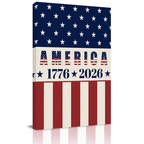 Anniversary Canvas Wall Art for Living Room, USA Flag Red Striped Blue Star Poster Print Painting for Bedroom Office Home Decoration Wall Pictures Prepare To Hang 16"x24"