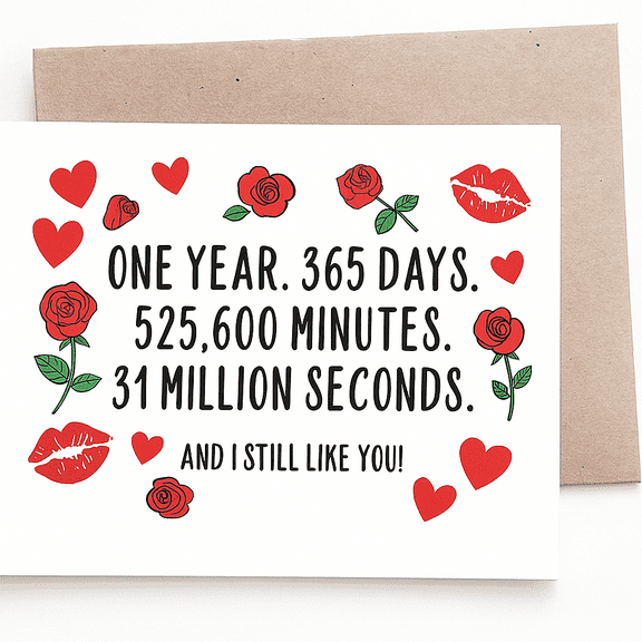 Anniversary Card for Him or Her "One Year, 365 Days" Design Romantic Message with Roses and Hearts Blank Inside, Envelope Included Perfect for Celebrating Love
