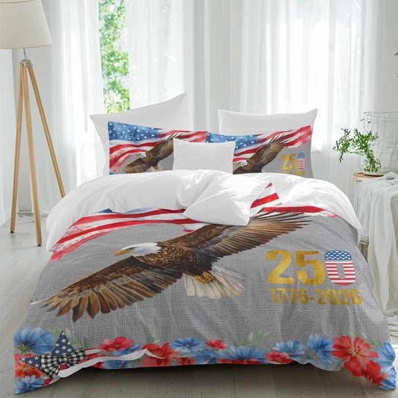 Anniversary Comforter Set Twin Size, Bald Eagle US Flag Floral Gray Texture Soft Bedding Set for Man Woman, 4 Pieces Duvet Cover Set with Fitted Sheet, 2 Pillowcases