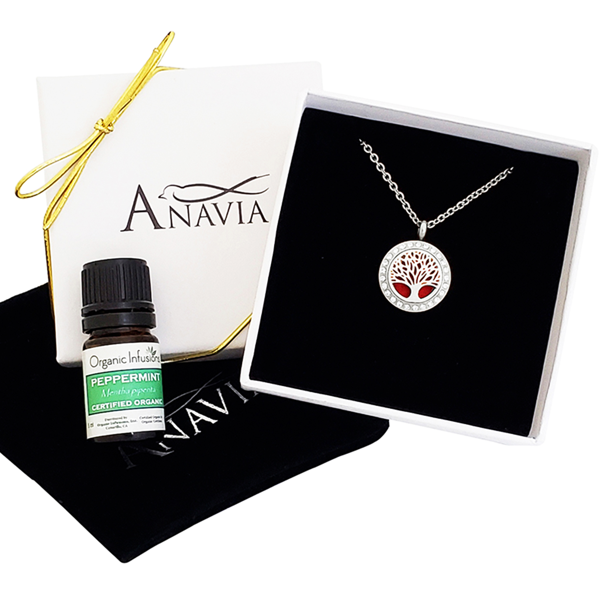 Anniversary Day Jewelry Tree of Life Gift Set Gift for Her Wife Fiance Essential Oil Diffuser Crystal Necklace & Organic Essential Oil Aromatherapy Birthday - Silver Necklace & Peppermint Oil - image 1 of 8