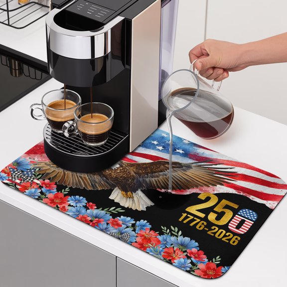 Anniversary Dish Drying Mats for Kitchen Counter, Bald Eagle US Flag Floral Black Absorbent Coffee Bar Mat with Non-slip Rubber Backed Quick Drying Dish Rack Pad 12"x16"