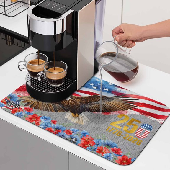 Anniversary Dish Drying Mats for Kitchen Counter, Bald Eagle US Flag Floral Gray Texture Absorbent Coffee Bar Mat with Non-slip Rubber Backed Quick Drying Dish Rack Pad 12"x16"