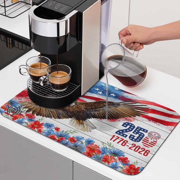 Anniversary Dish Drying Mats for Kitchen Counter, Bald Eagle US Flag Floral Wood Grain Absorbent Coffee Bar Mat with Non-slip Rubber Backed Quick Drying Dish Rack Pad 12"x16"