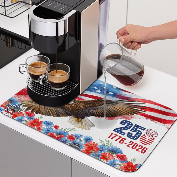 Anniversary Dish Drying Mats for Kitchen Counter, Bald Eagle US Flag Red Blue Floral Absorbent Coffee Bar Mat with Non-slip Rubber Backed Quick Drying Dish Rack Pad 12"x16"