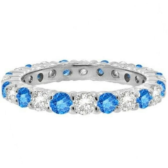 Anniversary Gift Blue Topaz CZ Diamond Full Eternity Band Ring Delicate 925 Sterling Silver Gemstone Jewelry For Women Gift By KIRAN FINE JEWELS