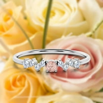 Anniversary Gift Minimalist 0.65 Carat Round Cut Morganite And Diamond Moissanite Engagement Ring, Zigzag Style Wedding Band In 925 Sterling Silver With 18K White Gold Plating Gift For Woman