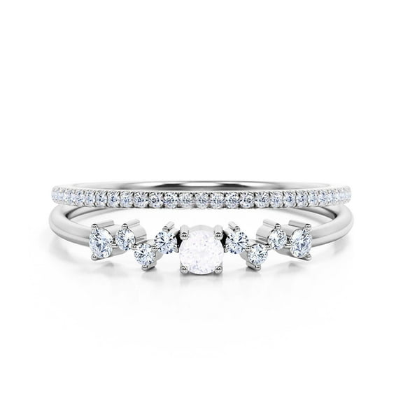 Anniversary Gift Minimalist 1.15 Carat Round Diamond Moissanite Engagement Ring, ZigZag Style Wedding Band in 925 Sterling Silver With 18k White Gold Plating Gift For Woman Bridal Set, Matching Band