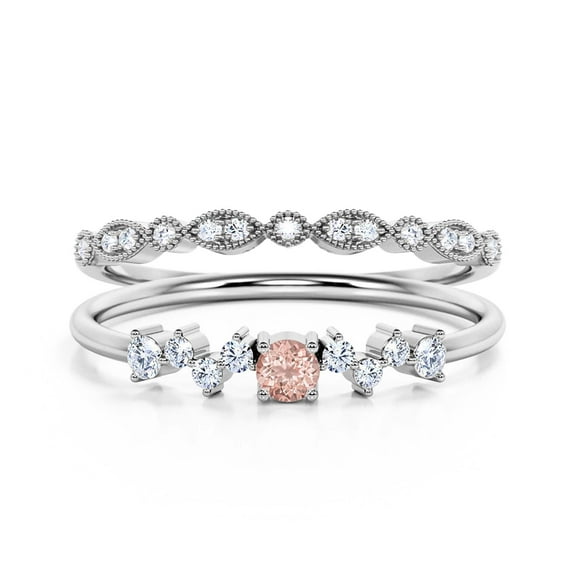 Anniversary Gift Minimalist 1.15 Carat Round Morganite And Diamond Moissanite Engagement Ring, ZigZag Style Wedding Band in 925 Sterling Silver With 18k White Gold Plating, Bridal Set, Matching Band