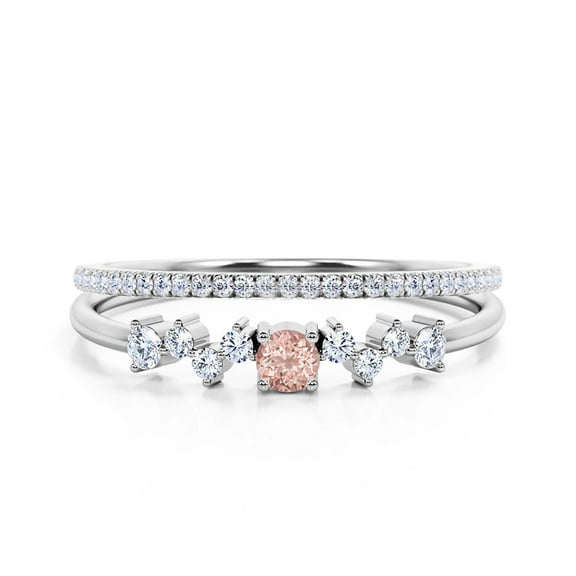 Anniversary Gift Minimalist 1.15 Carat Round Morganite And Diamond Moissanite Engagement Ring, ZigZag Style Wedding Band in 925 Sterling Silver With 18k White Gold Plating, Bridal Set, Matching Band
