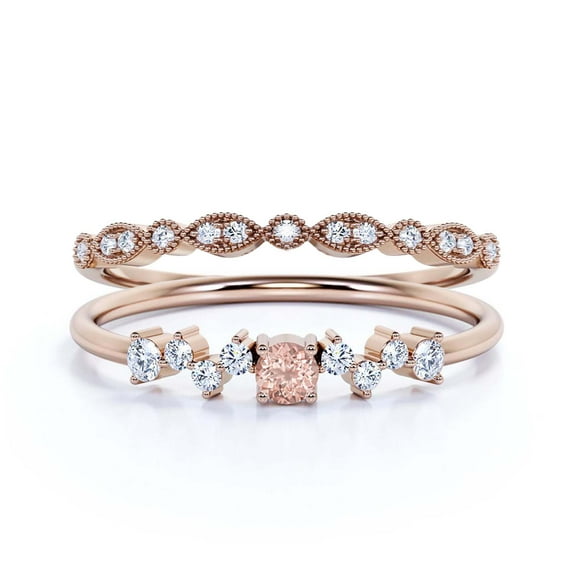 Anniversary Gift Minimalist 1.15 Carat Round Morganite And Diamond Moissanite Engagement Ring, ZigZag Style Wedding Band in 925 Sterling Silver With 18k Rose Gold Plating, Bridal Set, Matching Band