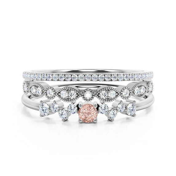 Anniversary Gift Minimalist 1.65 Carat Round Morganite And Diamond Moissanite Engagement Ring, ZigZag Style Wedding Band in 925 Sterling Silver With 18k White Gold Plating, Trio Set, Matching Band