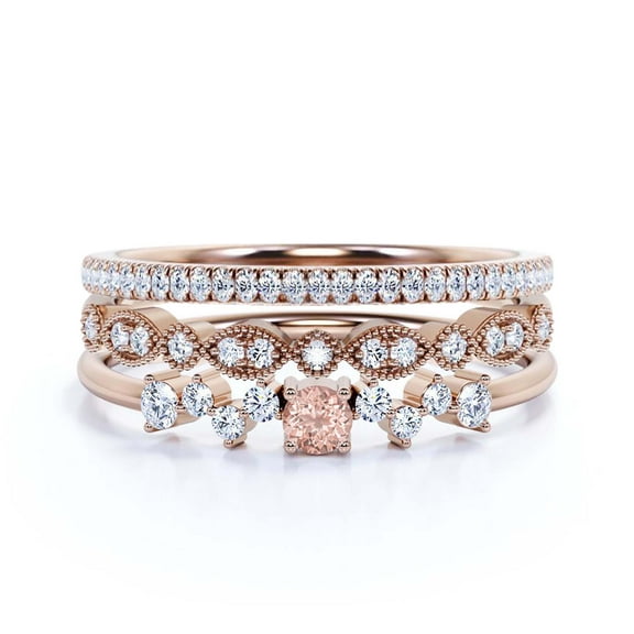 Anniversary Gift Minimalist 1.65 Carat Round Morganite And Diamond Moissanite Engagement Ring, ZigZag Style Wedding Band in 925 Sterling Silver With 18k Rose Gold Plating, Trio Set, Matching Band