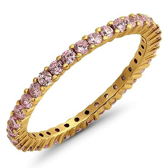 Anniversary Gift Round 2 mm Pink CZ Diamond Full Eternity Band Ring 925 Sterling Silver Yellow Gold Plated Gemstone Jewelry For Women Gift By KIRAN FINE JEWELS