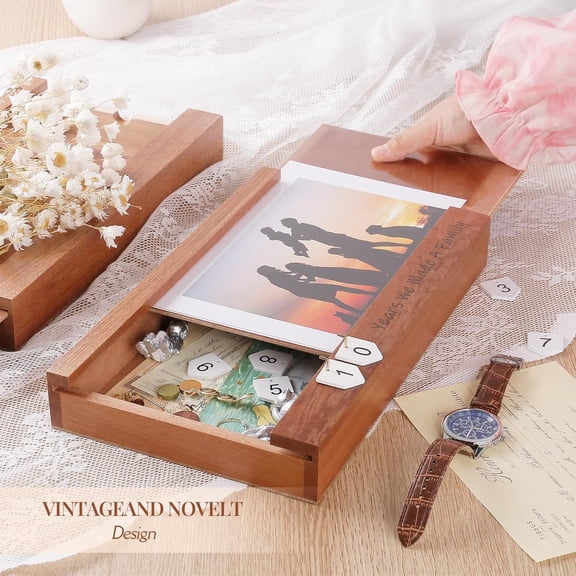 Anniversary Keepsake Box with Family Statue- Wooden Picture Frame for Cherished Keepsakes Storage，Anniversary or Wedding Gifts for Her/He (Walnut)