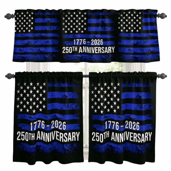 Anniversary Kitchen Curtains Valances 3 Piece Set, Blue USA Flag Independence Day July 4th Rod Pocket Tier Curtain and Valance Drapes for Small Window 24 Inch Length for Bedroom Cafe
