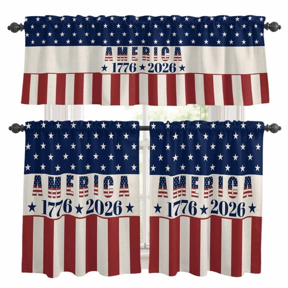Anniversary Kitchen Curtains Valances 3 Piece Set, USA Flag Red Striped Blue Star Rod Pocket Tier Curtain and Valance Drapes for Small Window 36 Inch Length for Bedroom Cafe