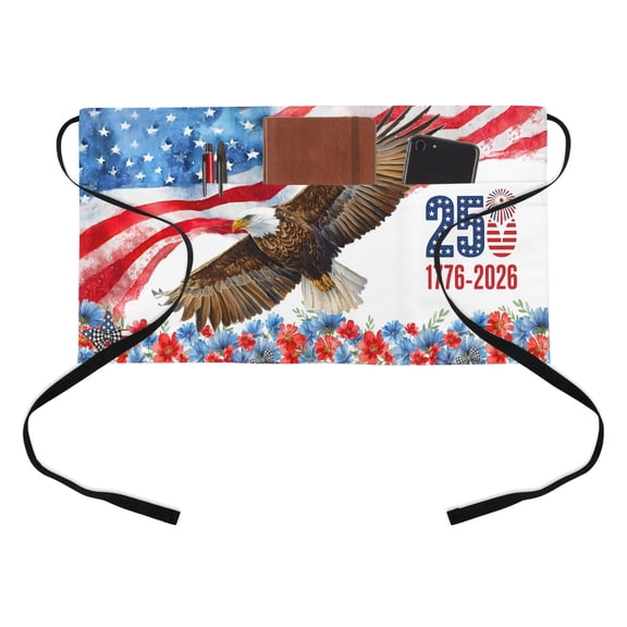 Anniversary Kitchen Restaurant Half Waist Apron, Bald Eagle US Flag Red Blue Floral Server Short Apron with 3 Pockets Waterproof Oil Waist Aprons for Women Waitress Waiter