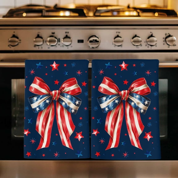 Anniversary Kitchen Towels Set of 1, America Freedom Bow Ribbon Navy Blue Red Absorbent Dish Towels for Kitchen, Microfiber Hand Towel, Quick Drying Tea Towel for Cleaning Decorative Dishcloths