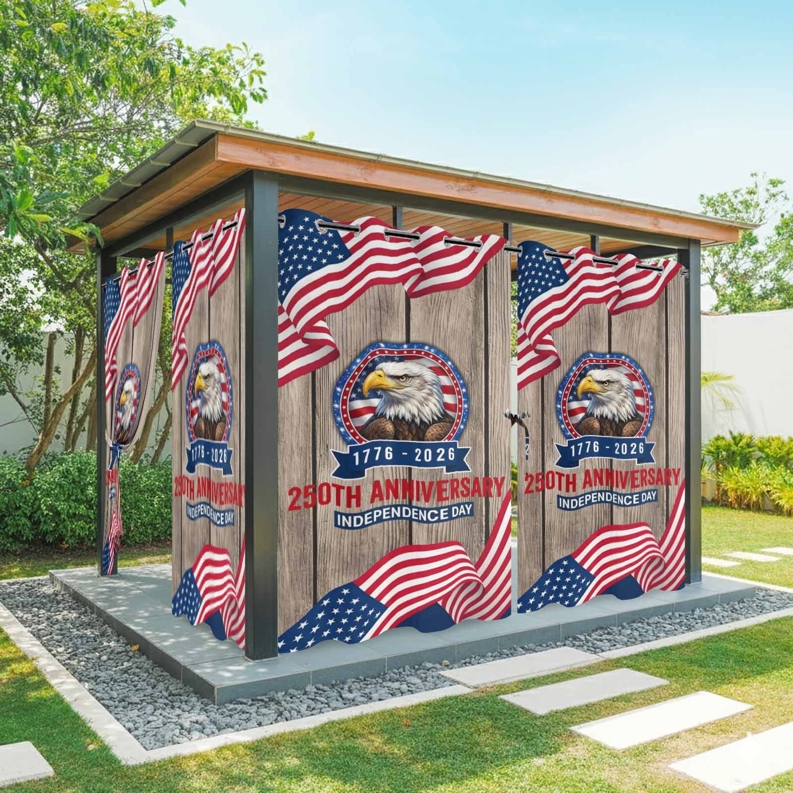 Anniversary Outdoor Curtains for Patio, Patriot Eagle USA Flag Independence Day Wood Sunshade Privacy Drapes Grommet Waterproof Outside Curtains for Porch/Cabana/Balcony 54"x 95", 1 Panel